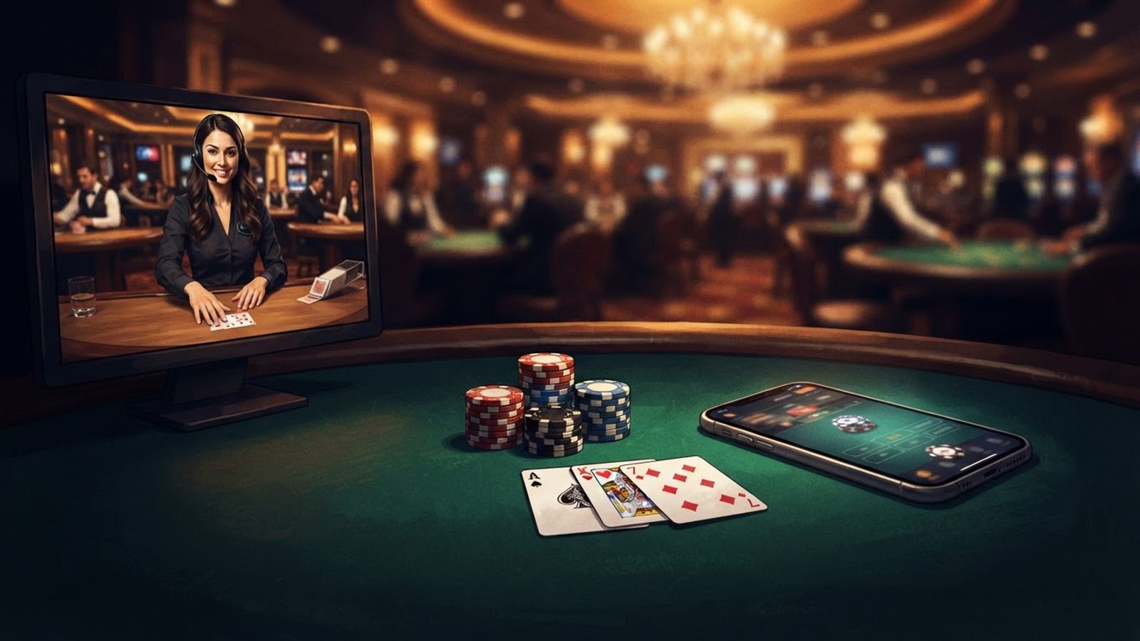 Table de casino avec cartes et smartphone